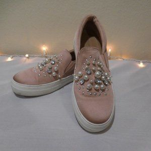 Mossimo Light Pink Mauve Jewel White Bead Slip on Loafer Flat Shoe White Sole 9